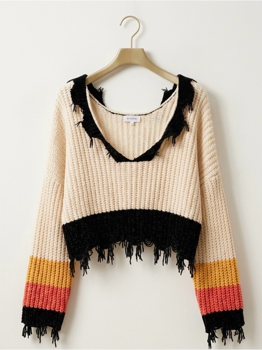 Storia Distressed Cropped Knit Sweater Medium Colorblock Frayed Stripe Boho